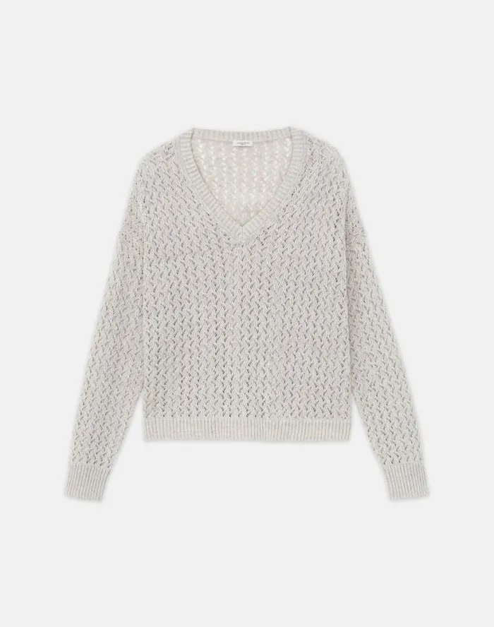 Lafayette 148 New York Sustainable LinenSilk Sequin Cable VNeck Sweater Ink Metallic Ready To Wear Sweaters and Knits Lafayette 148 New York Sustainable LinenSilk Sequin Cable VNeck Sweater Ink Metallic Ready To Wear Sweaters and Knits
