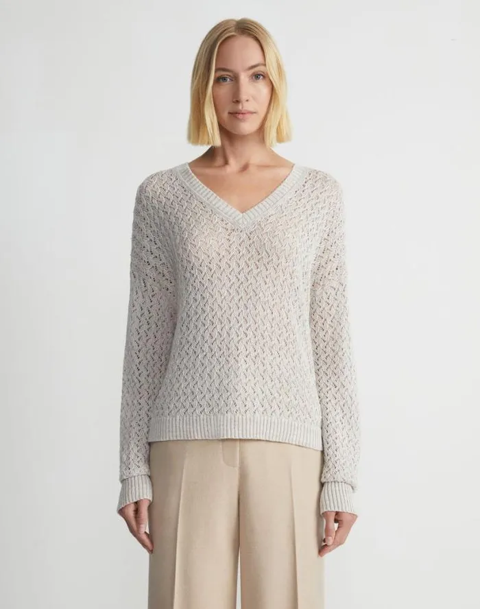 Lafayette 148 New York Sustainable LinenSilk Sequin Cable VNeck Sweater Ink Metallic Ready To Wear Sweaters and Knits