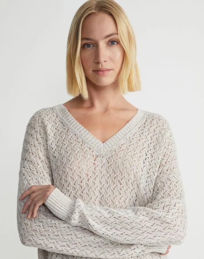 Lafayette 148 New York Sustainable LinenSilk Sequin Cable VNeck Sweater Ink Metallic Ready To Wear Sweaters and Knits