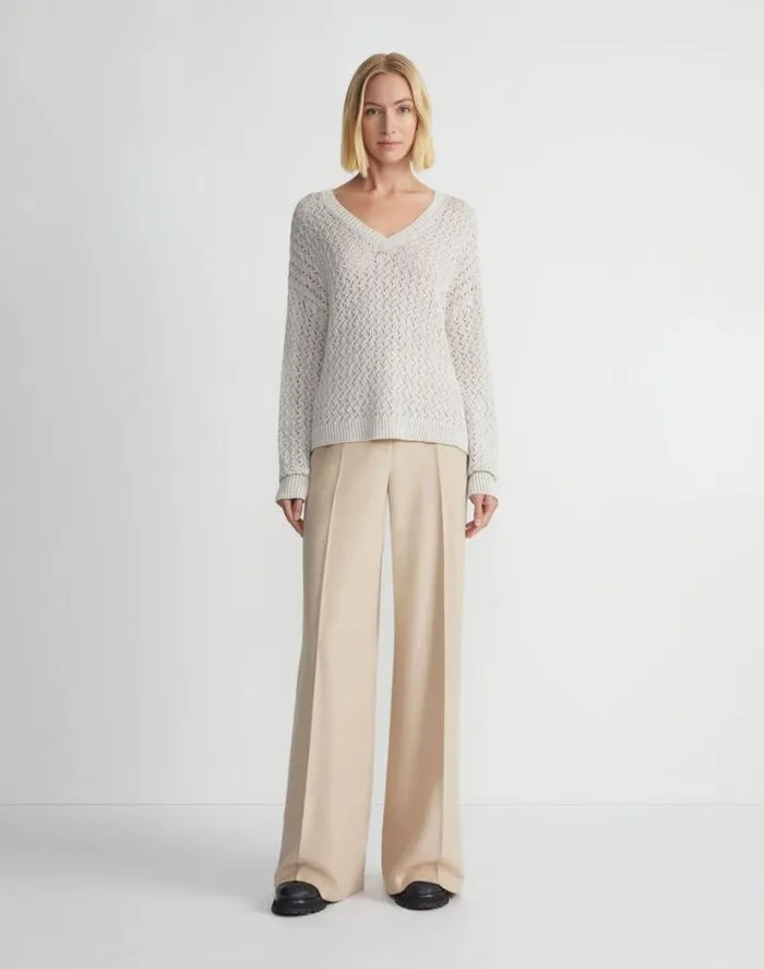 Lafayette 148 New York Sustainable LinenSilk Sequin Cable VNeck Sweater Ink Metallic Ready To Wear Sweaters and Knits