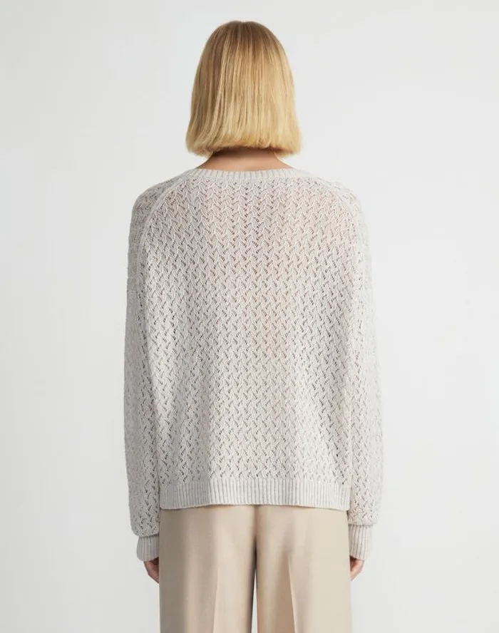 Lafayette 148 New York Sustainable LinenSilk Sequin Cable VNeck Sweater Ink Metallic Ready To Wear Sweaters and Knits