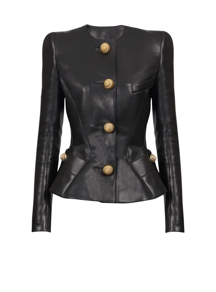 Lambskin Leather Peplum Jacket Black Women Balmain Jackets And Blazers