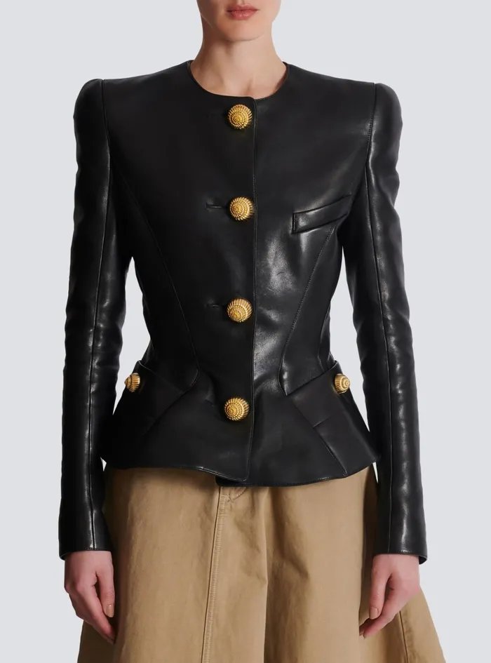 Lambskin Leather Peplum Jacket Black Women Balmain Jackets And Blazers