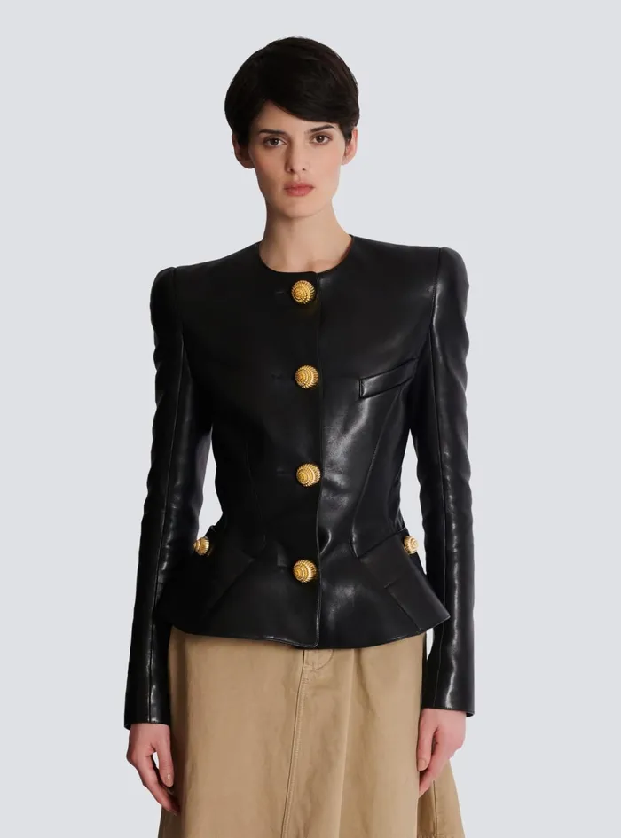 Lambskin Leather Peplum Jacket Black Women Balmain Jackets And Blazers