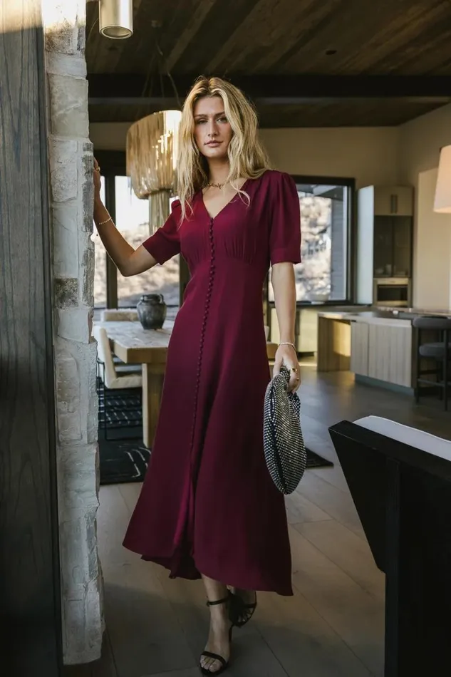Lia Button Detail Dress In Burgundy Burgundy Women Bohme Dresses