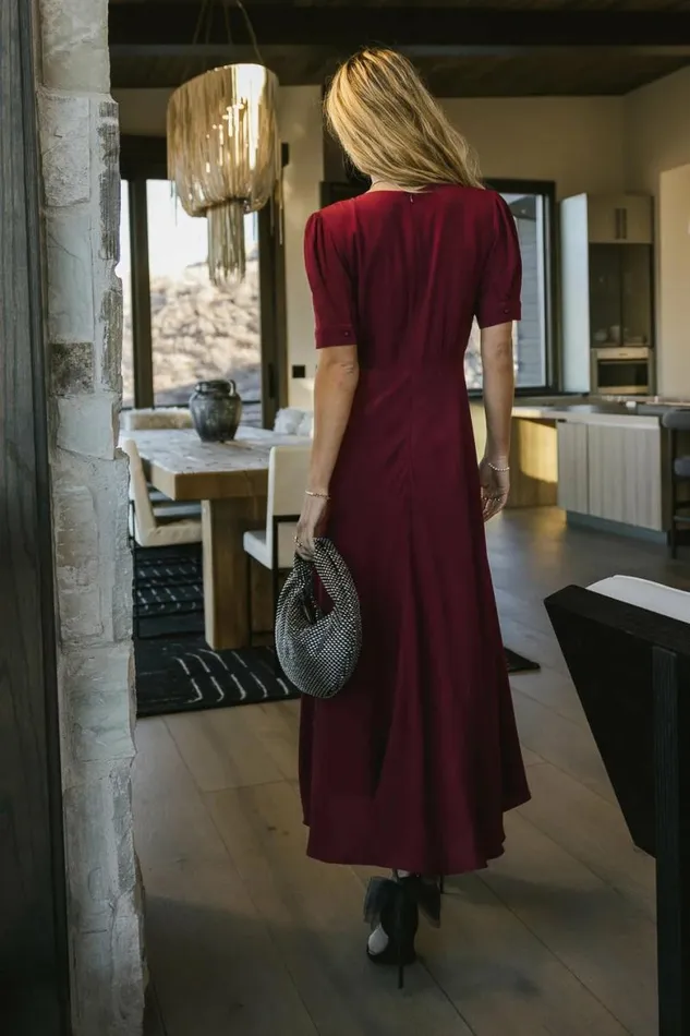 Lia Button Detail Dress In Burgundy Burgundy Women Bohme Dresses
