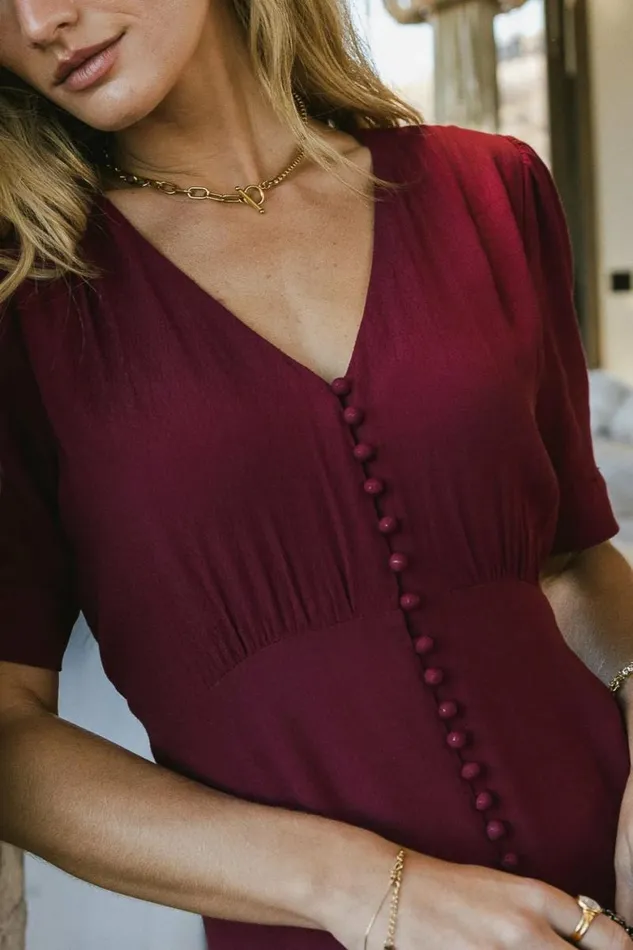 Lia Button Detail Dress In Burgundy Burgundy Women Bohme Dresses