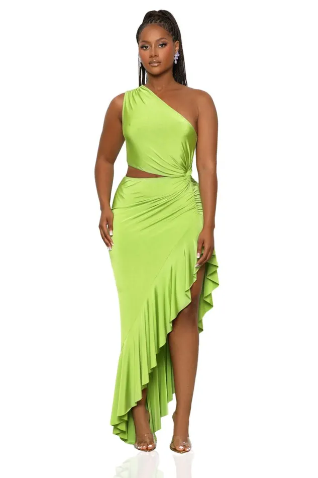 Lilly039s Kloset Dresses Women Foreign Affairs One Shoulder Ruffle Dress LimeFINAL SALE