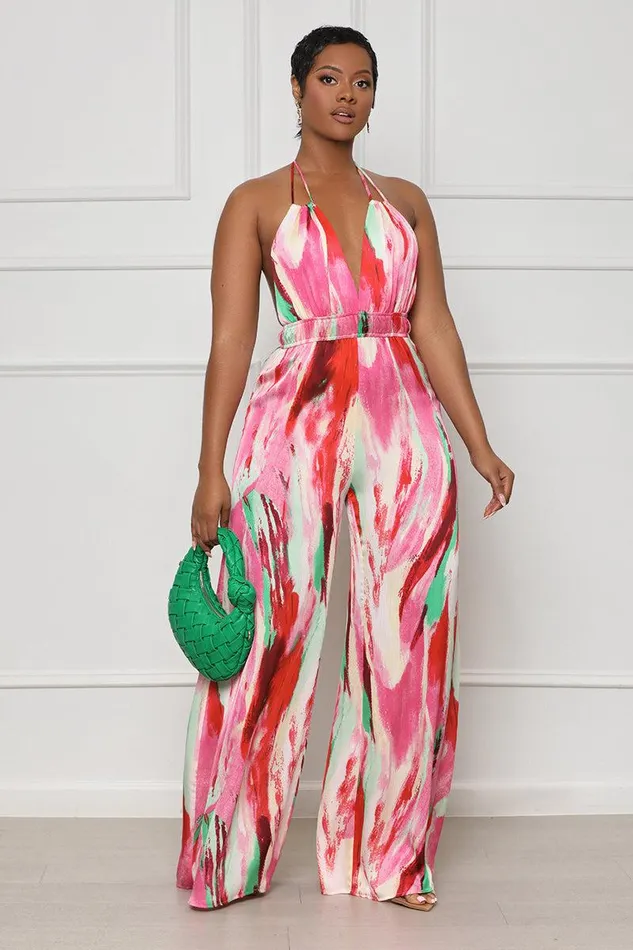 Lilly039s Kloset Jumpsuits and Rompers Women Color Splash Wide Leg Jumpsuit Pink Multi