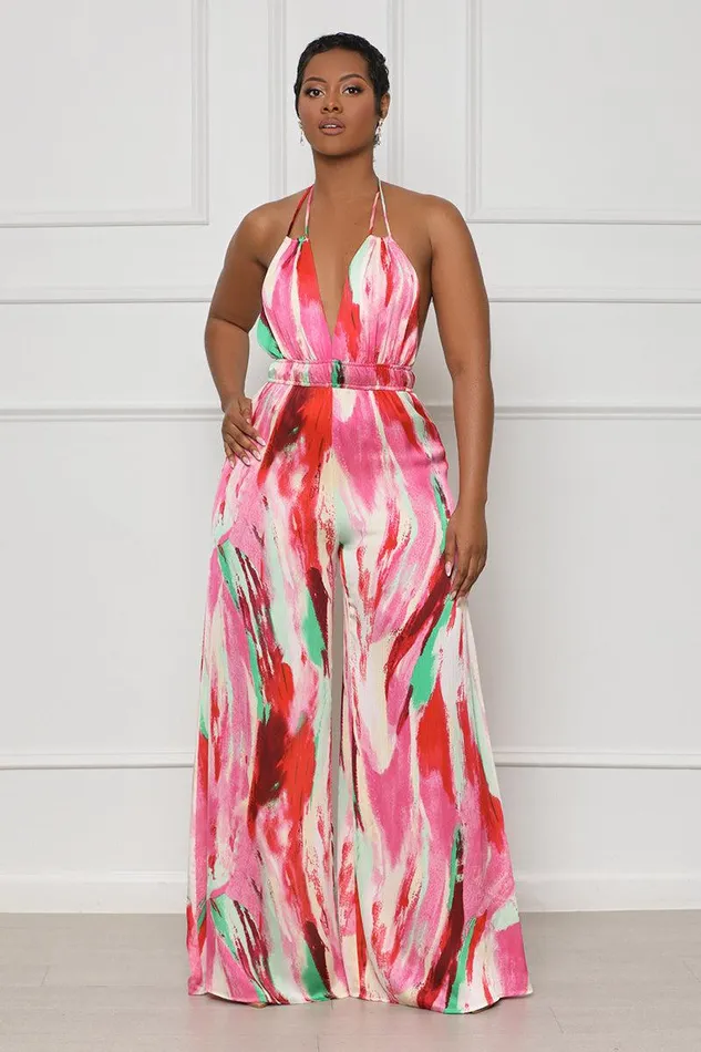 Lilly039s Kloset Jumpsuits and Rompers Women Color Splash Wide Leg Jumpsuit Pink Multi