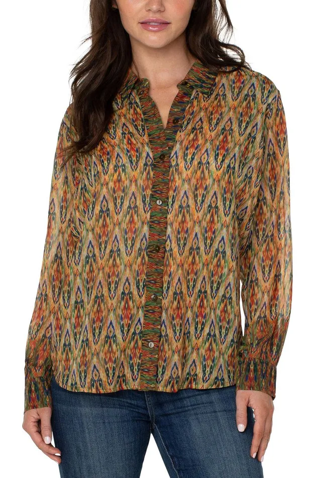 Liverpool Los Angeles LONG SLEEVE BUTTON UP WOVEN SHIRT Multi Color Painted Ikat Women WOVEN TOPS Liverpool Los Angeles LONG SLEEVE BUTTON UP WOVEN SHIRT Multi Color Painted Ikat Women WOVEN TOPS
