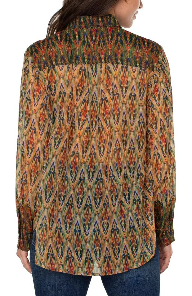 Liverpool Los Angeles LONG SLEEVE BUTTON UP WOVEN SHIRT Multi Color Painted Ikat Women WOVEN TOPS