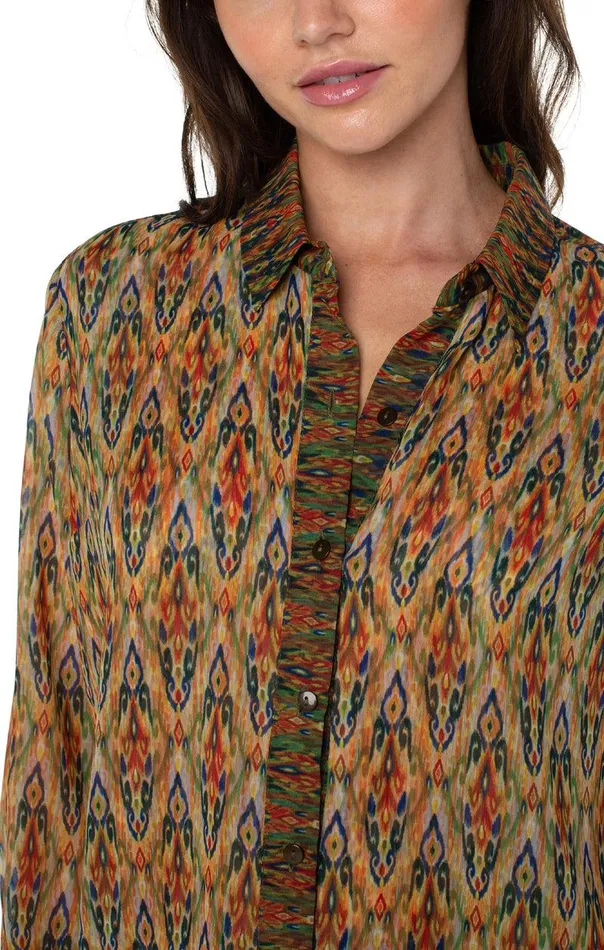Liverpool Los Angeles LONG SLEEVE BUTTON UP WOVEN SHIRT Multi Color Painted Ikat Women WOVEN TOPS