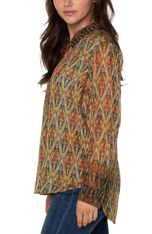 Liverpool Los Angeles LONG SLEEVE BUTTON UP WOVEN SHIRT Multi Color Painted Ikat Women WOVEN TOPS