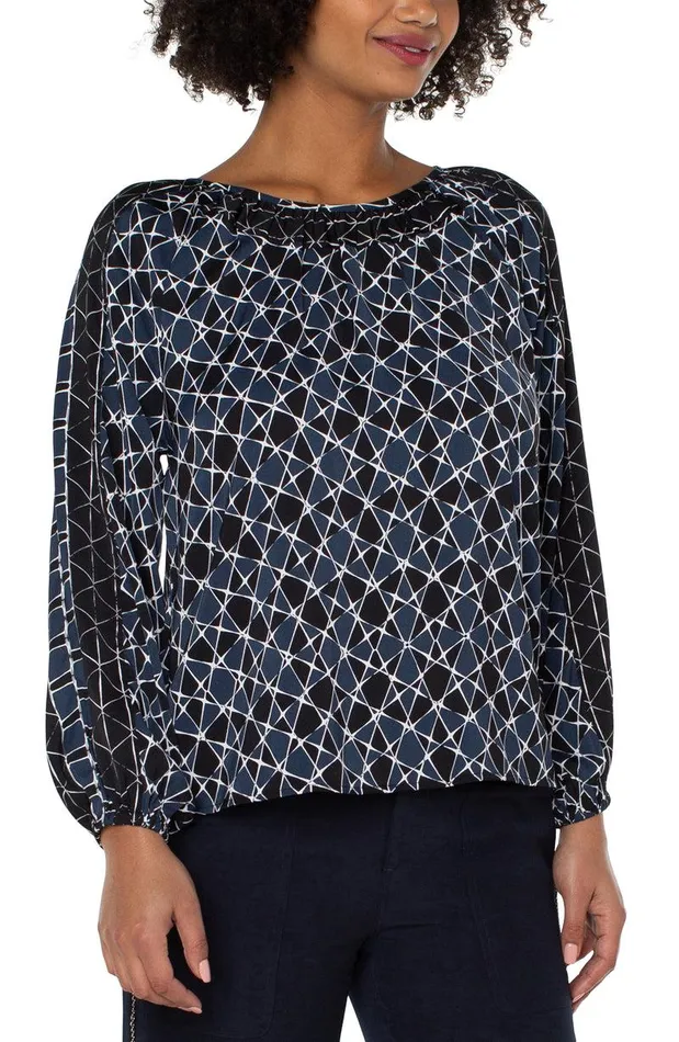 Liverpool Los Angeles LONG SLEEVE SHIRRED WOVEN BLOUSE Stargazing Twin Print Women WOVEN TOPS Liverpool Los Angeles LONG SLEEVE SHIRRED WOVEN BLOUSE Stargazing Twin Print Women WOVEN TOPS