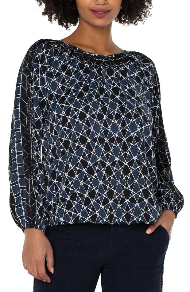 Liverpool Los Angeles LONG SLEEVE SHIRRED WOVEN BLOUSE Stargazing Twin Print Women WOVEN TOPS