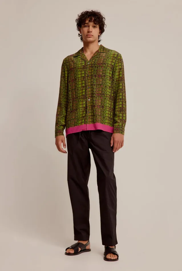 Man Venroy Shirts Long Sleeve Relaxed Silk Camp Collar Shirt