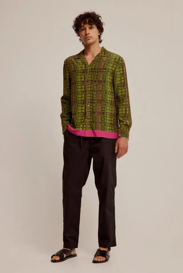 Man Venroy Shirts Long Sleeve Relaxed Silk Camp Collar Shirt