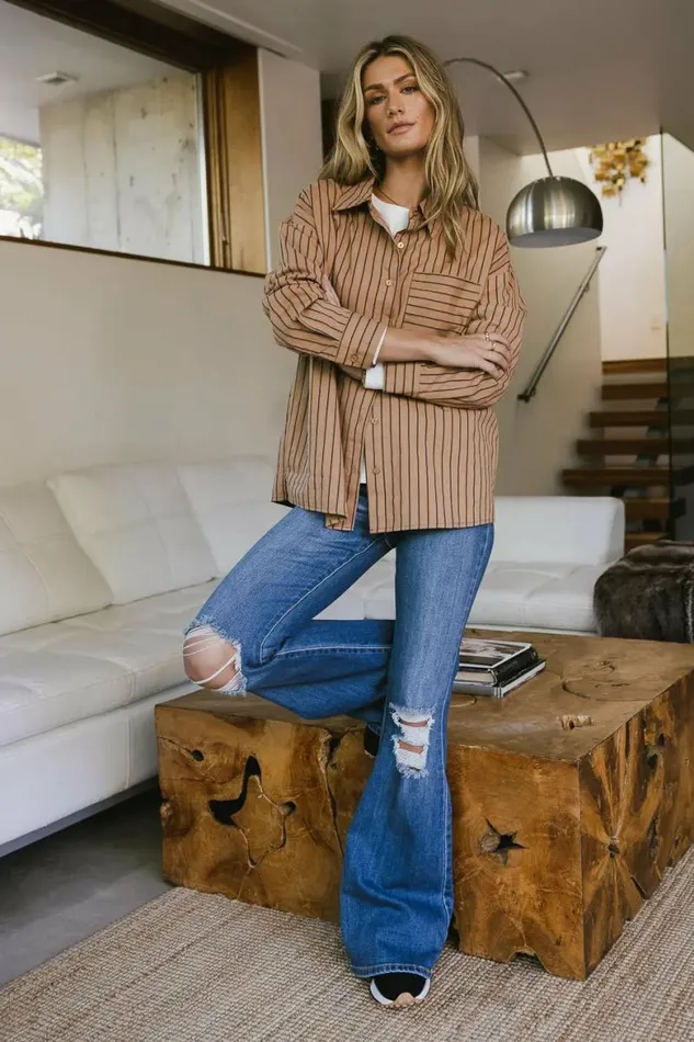 Matilda Striped Button Up In Brown Brown Women Bohme Tops