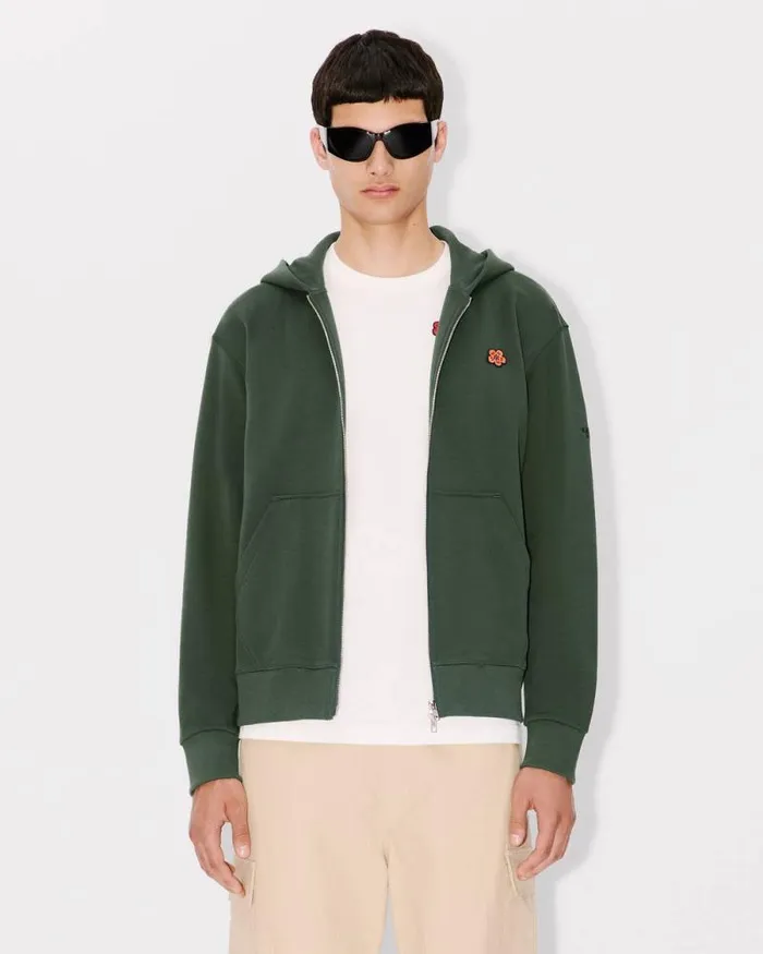 Men 039Boke Flower039 Embroidered Zipped Hoodie In Cotton Dark Khaki Kenzo Sweatshirts And Hoodies
