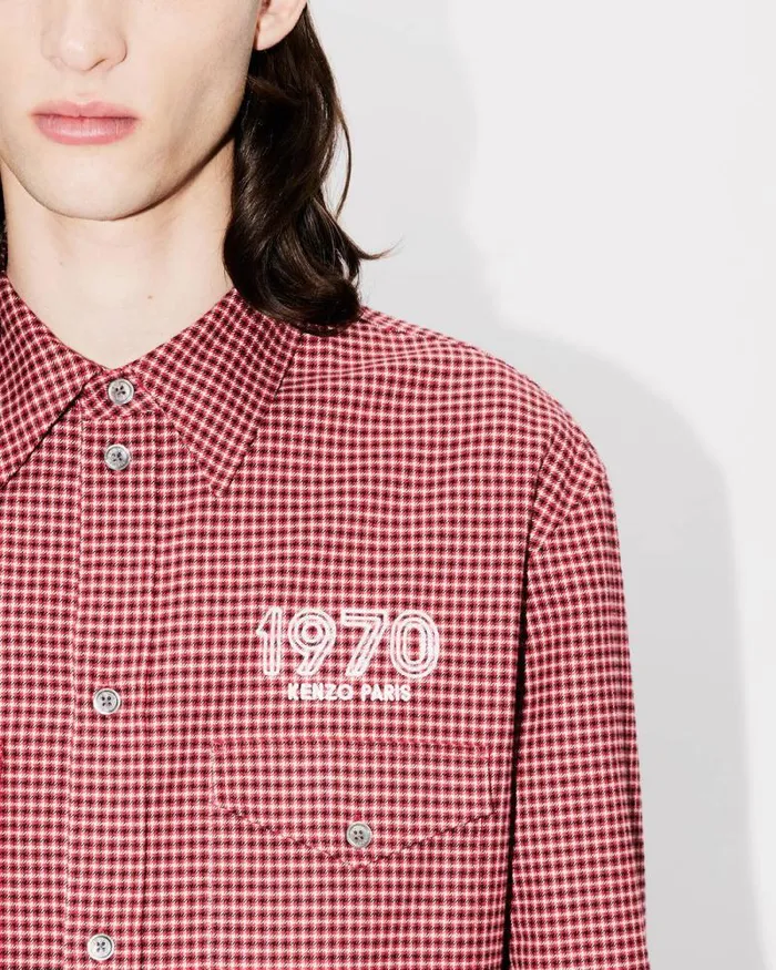 Men 039KENZO Archive 1970039 Embroidered Military Shirt Cherry Kenzo Shirts