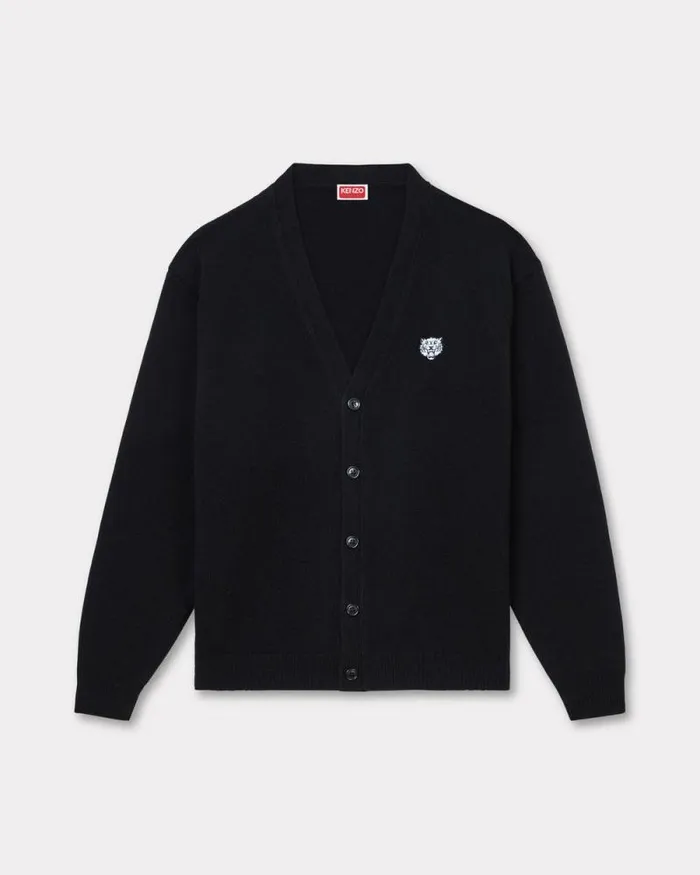 Men 039KENZO Happy Tiger039 Embroidered Cardigan In Merino Wool Black Kenzo Sweaters And Cardigans