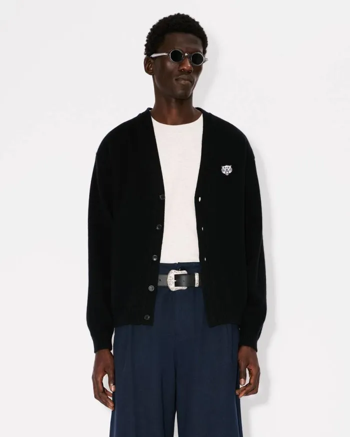 Men 039KENZO Happy Tiger039 Embroidered Cardigan In Merino Wool Black Kenzo Sweaters And Cardigans