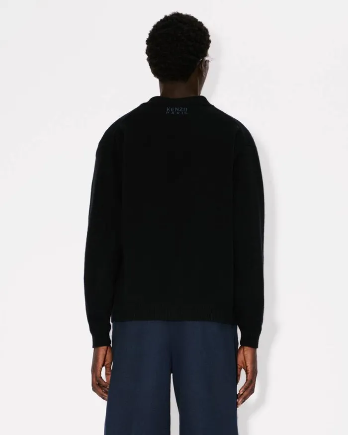 Men 039KENZO Happy Tiger039 Embroidered Cardigan In Merino Wool Black Kenzo Sweaters And Cardigans