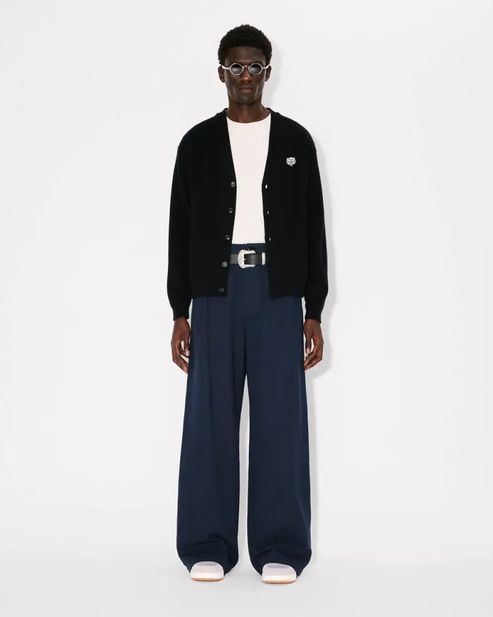 Men 039KENZO Happy Tiger039 Embroidered Cardigan In Merino Wool Black Kenzo Sweaters And Cardigans