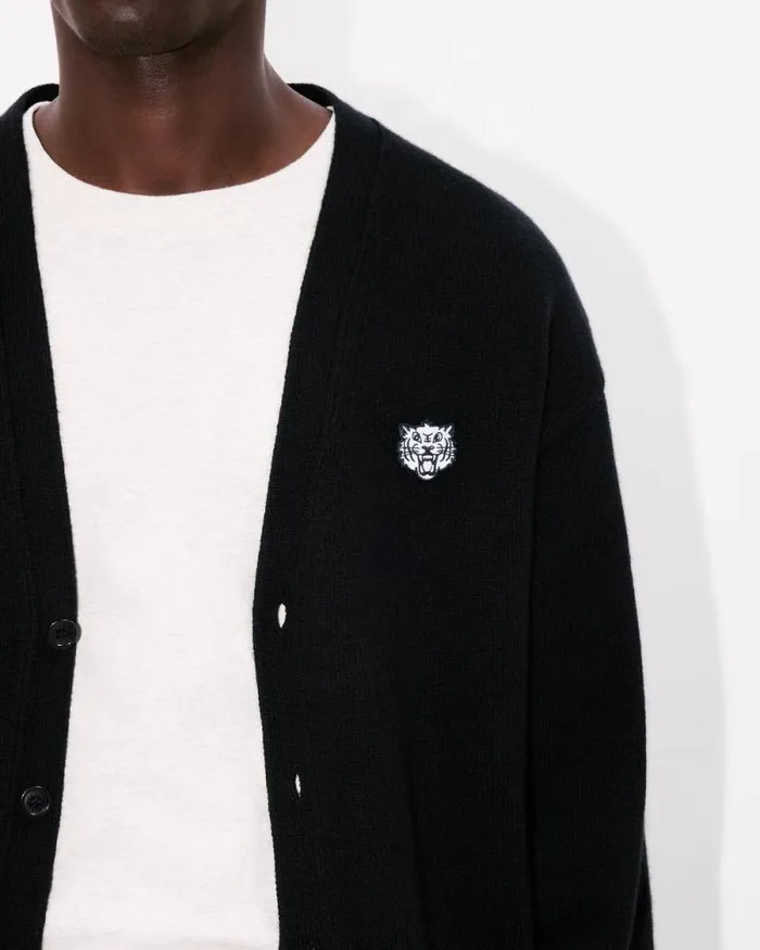 Men 039KENZO Happy Tiger039 Embroidered Cardigan In Merino Wool Black Kenzo Sweaters And Cardigans