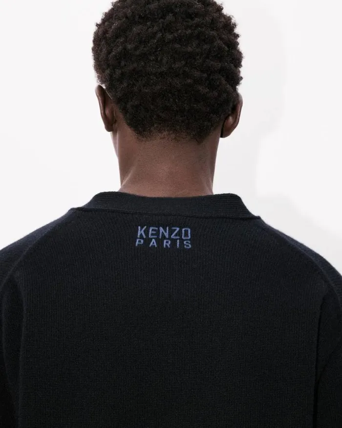 Men 039KENZO Happy Tiger039 Embroidered Cardigan In Merino Wool Black Kenzo Sweaters And Cardigans