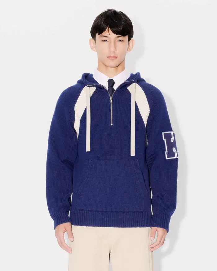 Men 039KENZO Paris Varsity039 Hoodie In Wool And Cotton Midnight Blue Kenzo Sweaters And Cardigans