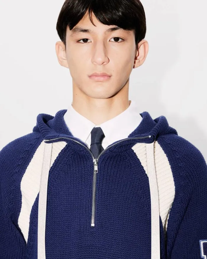 Men 039KENZO Paris Varsity039 Hoodie In Wool And Cotton Midnight Blue Kenzo Sweaters And Cardigans