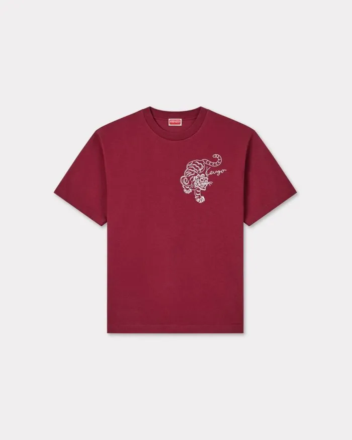 Men 039KENZO Star Tiger039 Oversized Embroidered Tshirt In Cotton Bordeaux Kenzo Tshirts And Polos