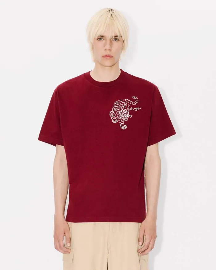 Men 039KENZO Star Tiger039 Oversized Embroidered Tshirt In Cotton Bordeaux Kenzo Tshirts And Polos