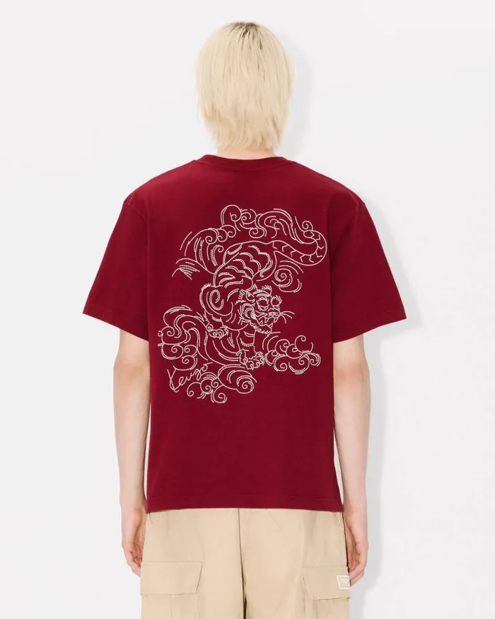 Men 039KENZO Star Tiger039 Oversized Embroidered Tshirt In Cotton Bordeaux Kenzo Tshirts And Polos
