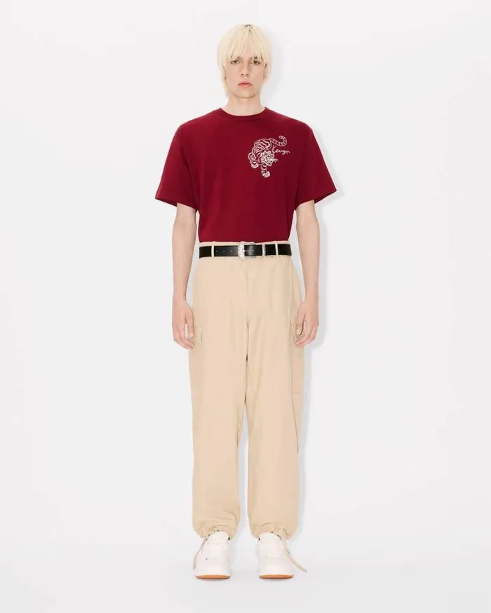 Men 039KENZO Star Tiger039 Oversized Embroidered Tshirt In Cotton Bordeaux Kenzo Tshirts And Polos