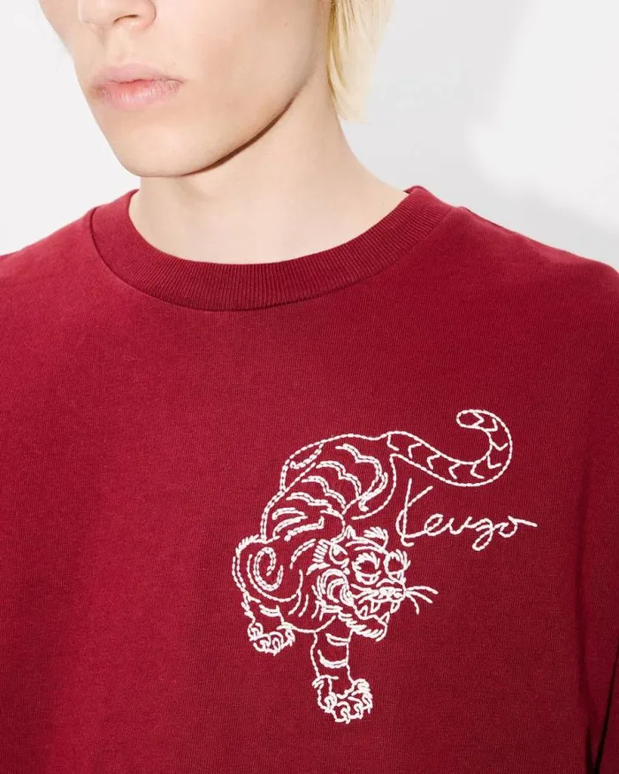Men 039KENZO Star Tiger039 Oversized Embroidered Tshirt In Cotton Bordeaux Kenzo Tshirts And Polos