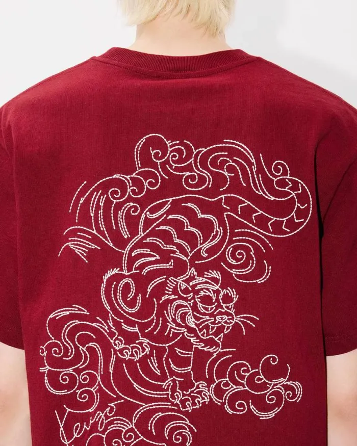 Men 039KENZO Star Tiger039 Oversized Embroidered Tshirt In Cotton Bordeaux Kenzo Tshirts And Polos