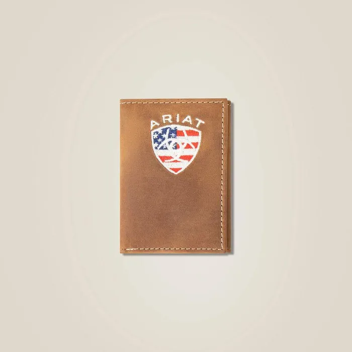 Men Bags and Wallets Ariat Flag Shield Trifold Wallet Brown