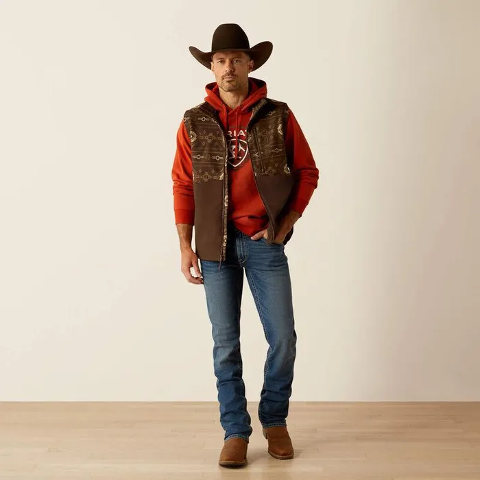 Men Jackets and Vests Ariat Logan Softshell Vest Banyan Bark Southwest Print Men Jackets and Vests Ariat Logan Softshell Vest Banyan Bark Southwest Print