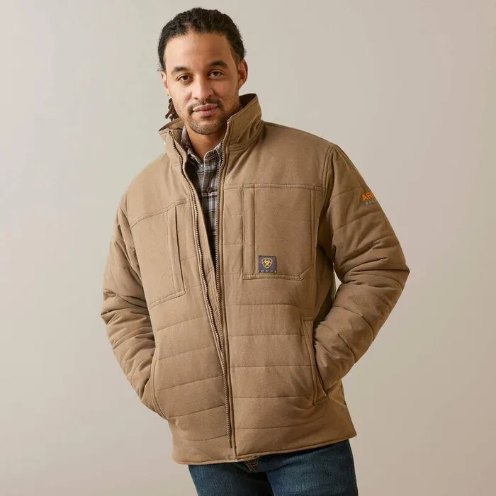 Men Jackets and Vests Ariat Rebar Valiant Stretch Canvas Water Resistant Insulated Jacket Rebar Khaki Heather