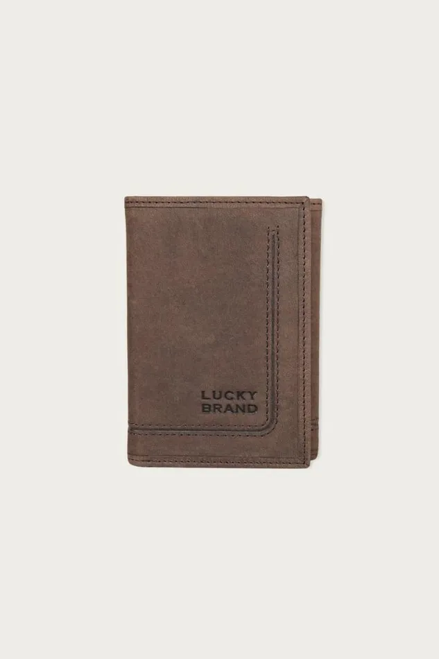 Men Lucky Brand Bags and Wallets Grooved Leather Trifold Wallet Dark Brown