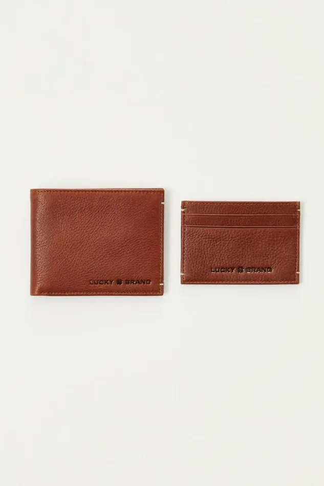 Men Lucky Brand Bags and Wallets Leather Wallet And Cardholder Giftset Dark Brown