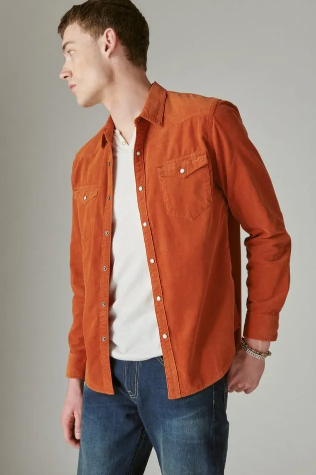 Men Lucky Brand ButtonDowns Corduroy Western Long Sleeve Shirt Sequoia Brown