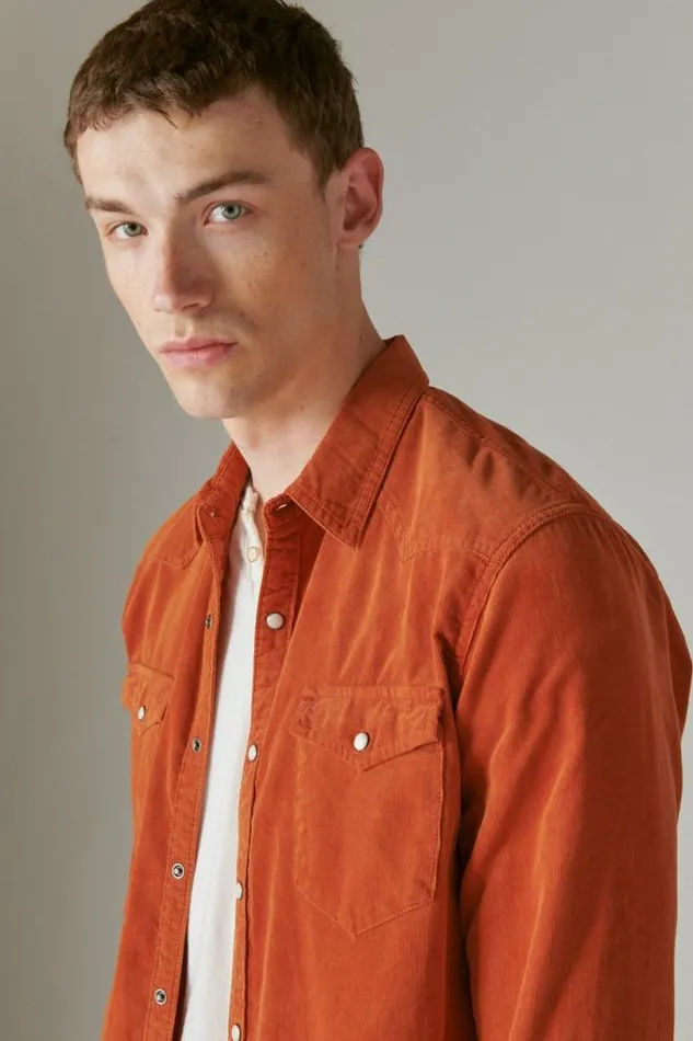 Men Lucky Brand ButtonDowns Corduroy Western Long Sleeve Shirt Sequoia Brown