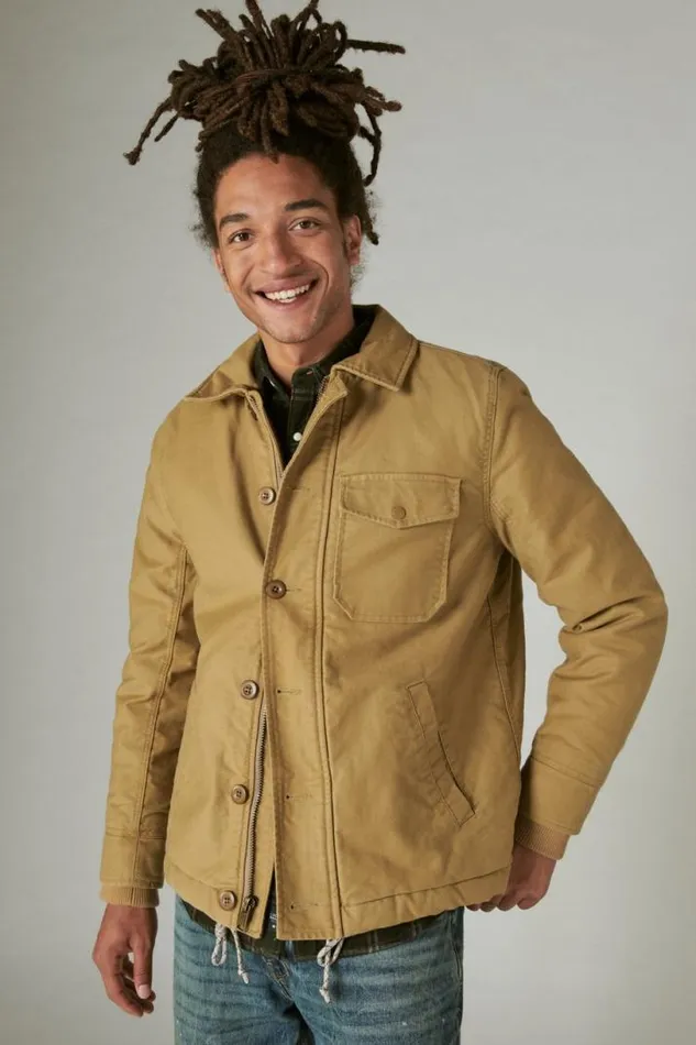Men Lucky Brand Jackets and Outerwear Faux Shearling Lined Barn Jacket Khaki
