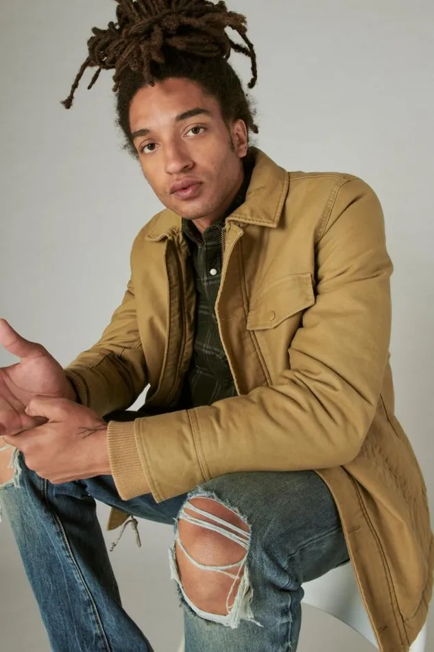Men Lucky Brand Jackets and Outerwear Faux Shearling Lined Barn Jacket Khaki