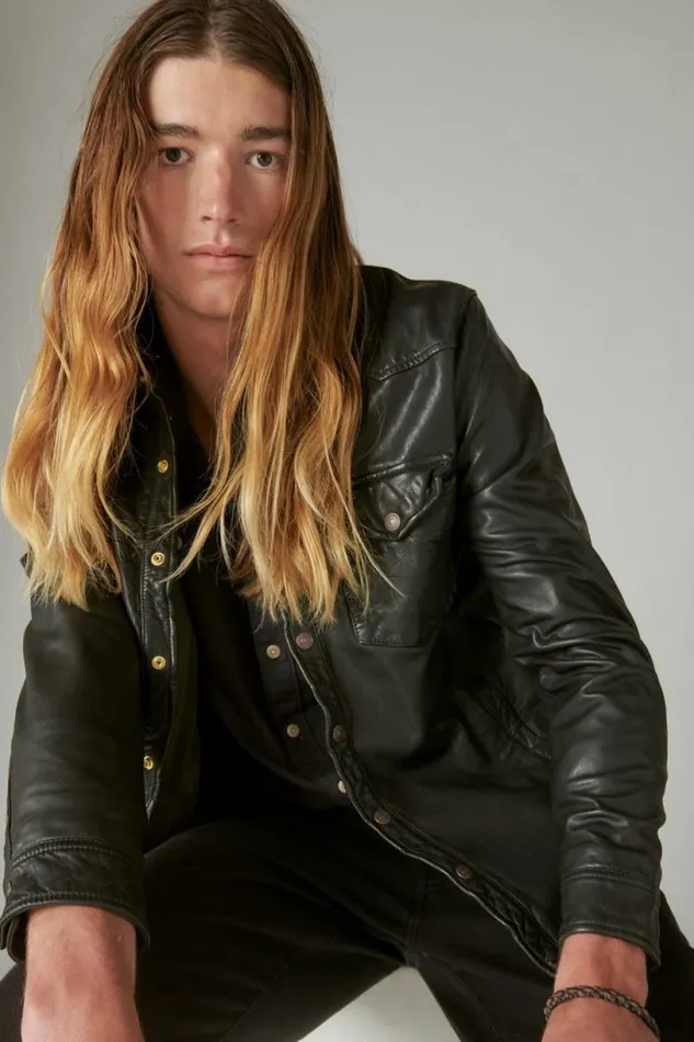 Men Lucky Brand Jackets and Outerwear Leather Western Shirt Black