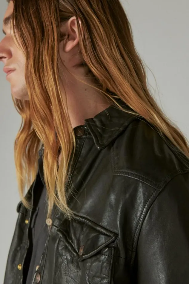 Men Lucky Brand Jackets and Outerwear Leather Western Shirt Black